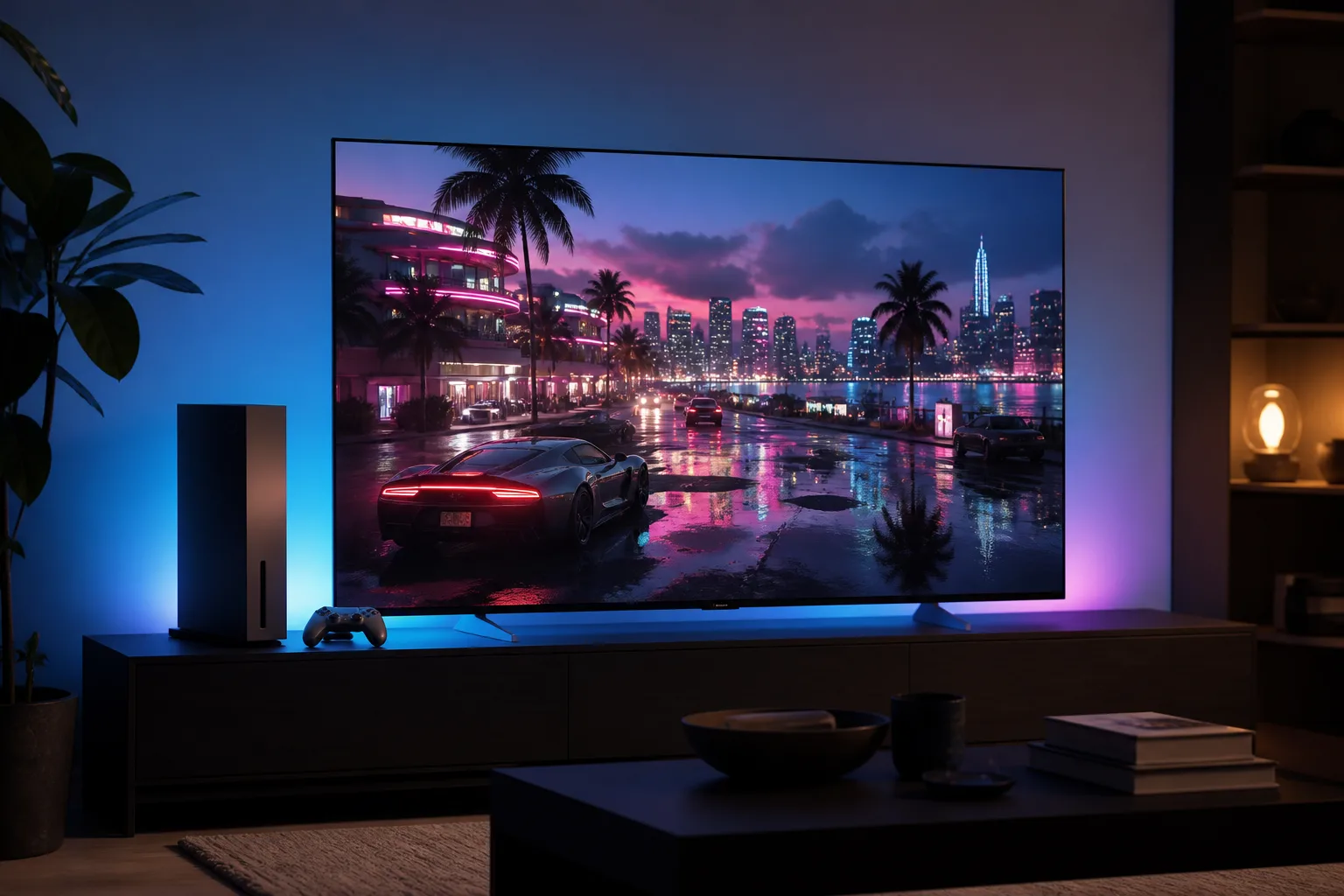 Premium gaming setup with a 4K television displaying an original neon coastal city