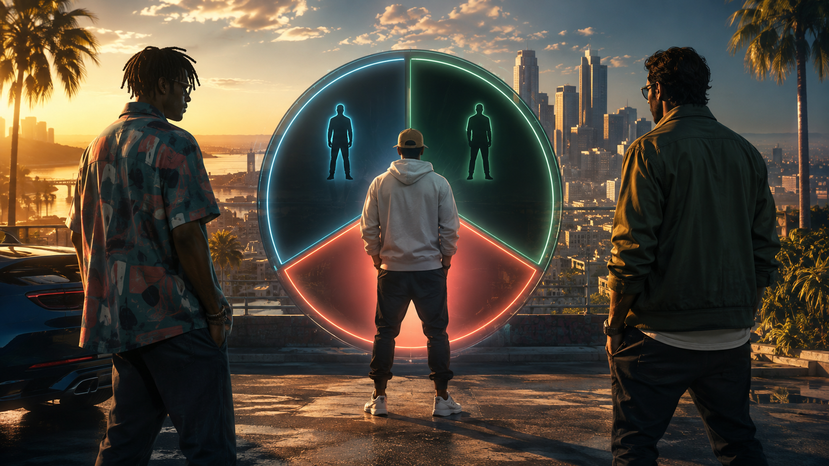 Three original characters standing around a glowing character-selection wheel above a coastal city