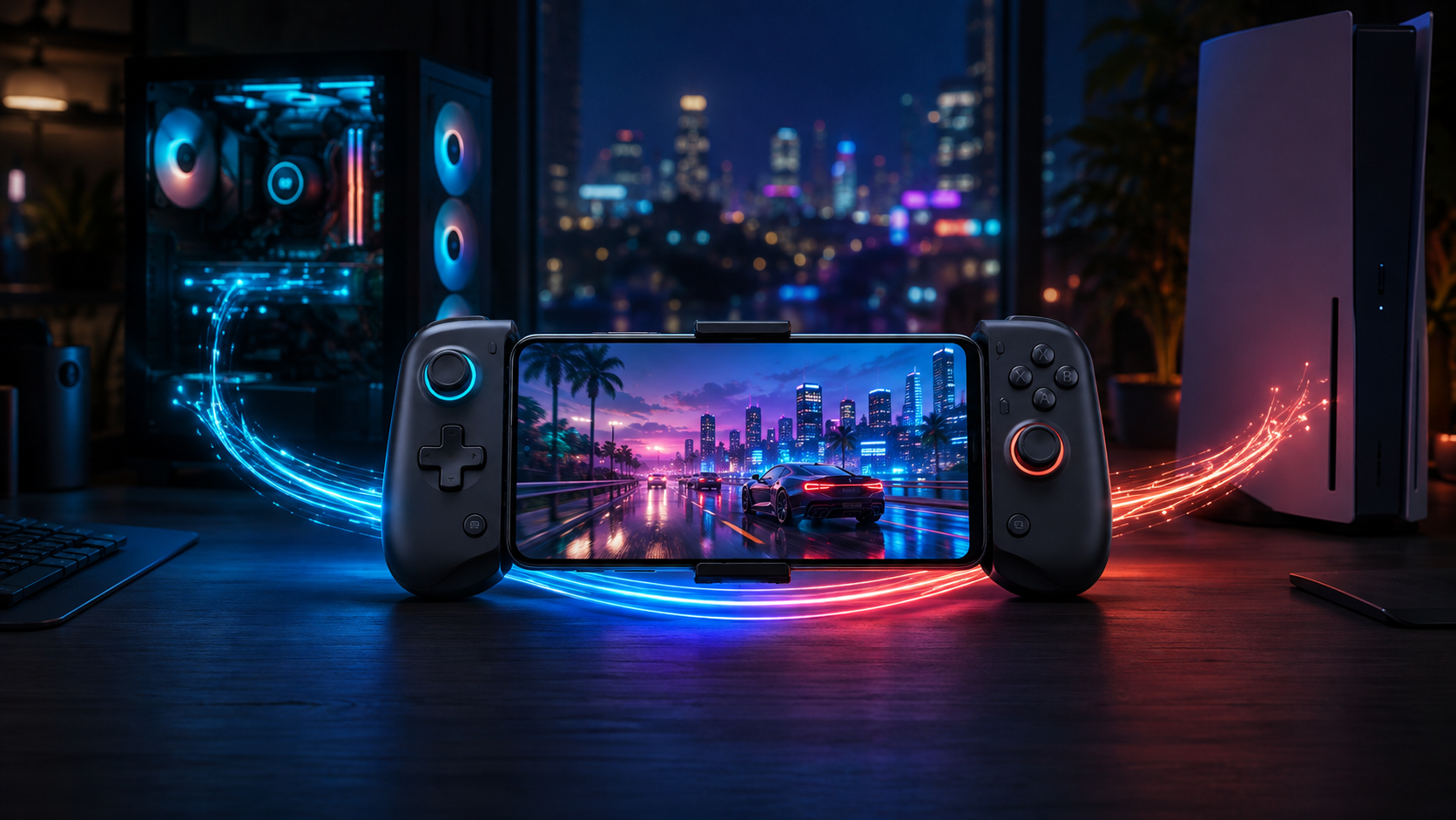Smartphone controller streaming an original neon open-world driving scene from a gaming PC and console