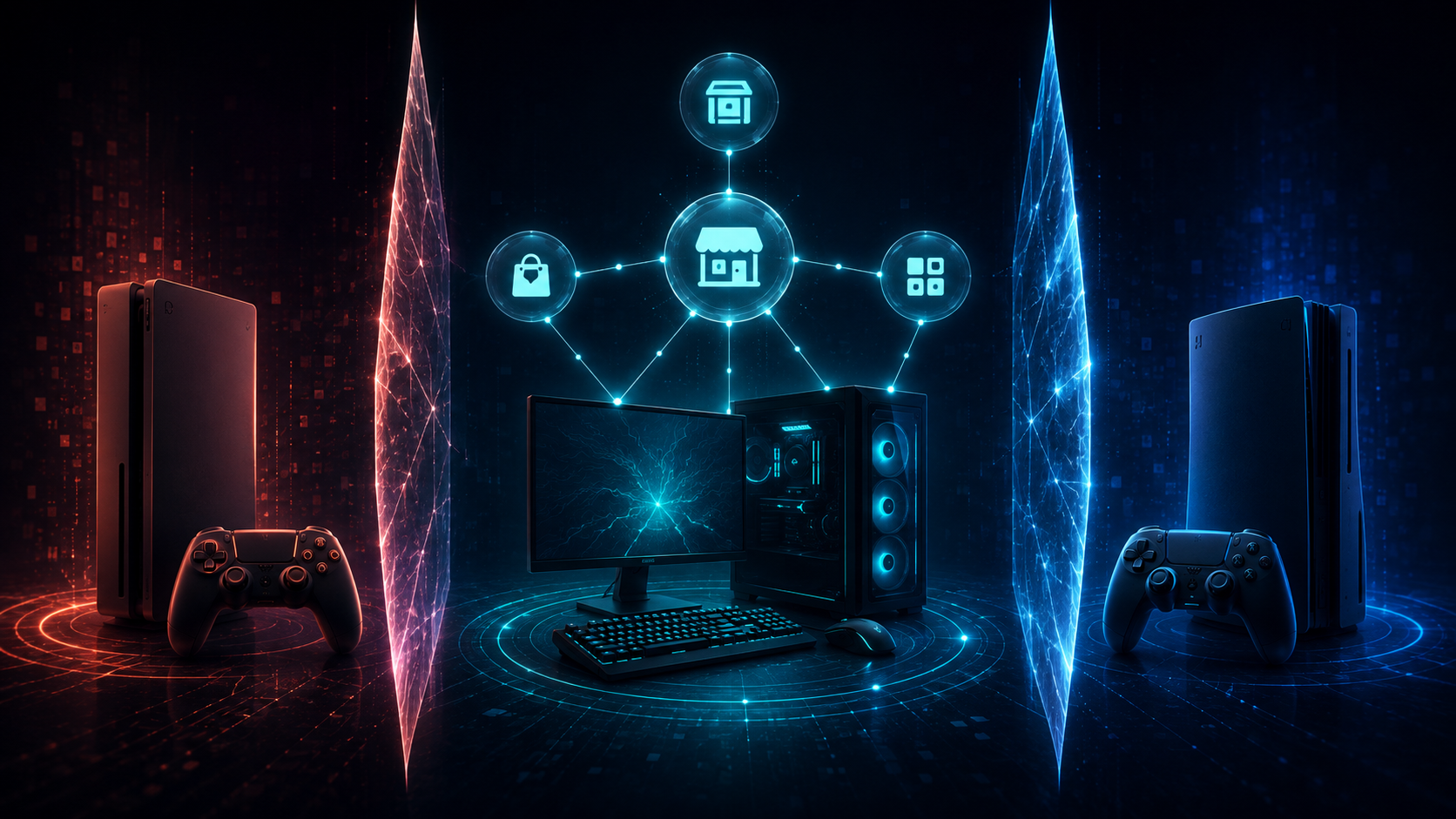 Generic PC and console gaming ecosystems separated by glowing network barriers