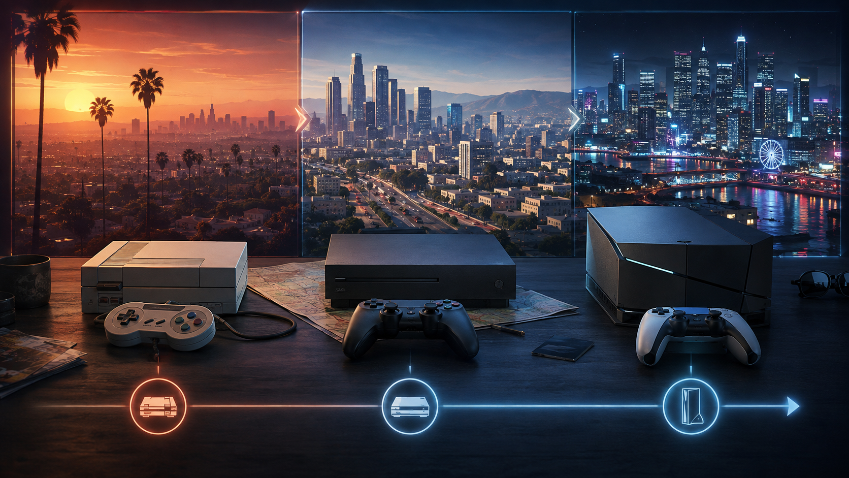 Three generations of gaming hardware against an evolving city skyline
