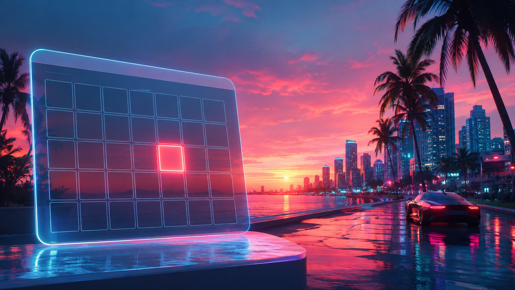 Neon coastal city at sunset with a glowing calendar representing the GTA 6 release date